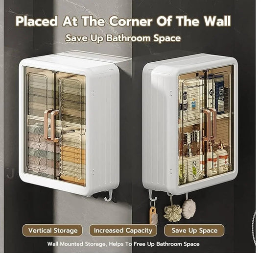 10767 Wall Mounted Bathroom Storage Cabinet with 5 Hooks | Double Door Medicine Cabinet | Waterproof Wall Shelf for Cosmetics & Toiletries