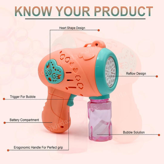 20566 Automatic Bubble Gun Machine Orange Bubble Shooter with Solution Safe, Leakproof, Battery-Powered (Battery Operated) | Outdoor and Indoor Party Toy | Ideal Gift for Boys and Girls