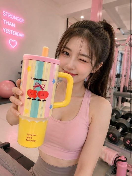 20953 Korean Cute Tumbler with Straw & Handle, (710 mL) Travel Mug for Women & Girls, Leakproof Double Wall 316 Stainless Steel Insulated Cup for Coffee, Water, Juice & Cold Drinks