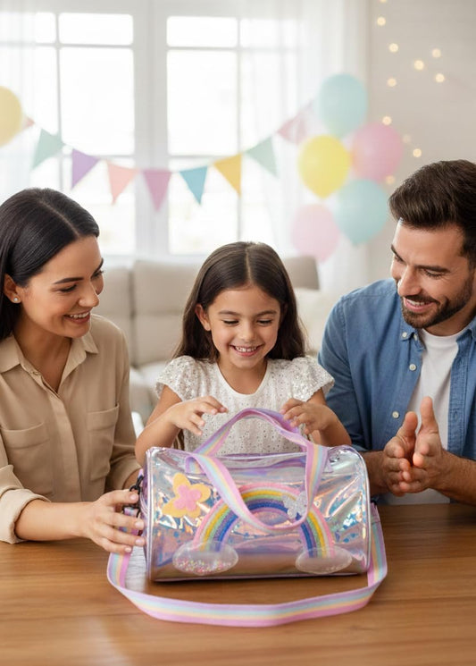50346 Happy HuesMagical Holographic Duffle Bag for Girls – Trendy Water-Resistant Kids Travel Bag with Rainbow Straps & Butterfly (Rainbow Duffle) { Size-30cm*27cm*26cm*}