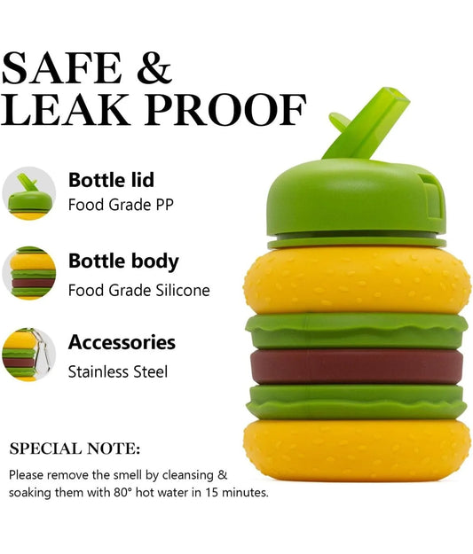 9057 Silicone Burger Shape Water Bottle BPA-Free 600 ML Water Bottle for School, Travel ,Trekking, Picnic (Random Design)