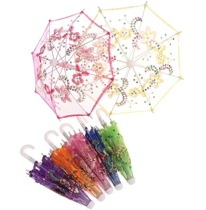 20419 Sequin Decor Gold Tone Edge Floral Pattern Mini Lace Parasol Umbrella for Party Decoration, Home Decor, Pre Wedding, Photoshoot Umbrella {Random Color}