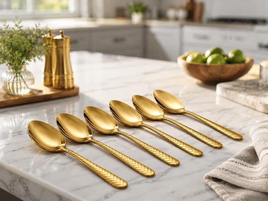 21237 Golden Steel Spoons Set of 6 Shiny Mirror Finish Rust Resistant & Food Safe Lightweight Stainless Steel Spoons for Dining, Tea, Coffee & Desserts Easy to Clean Cutlery Set