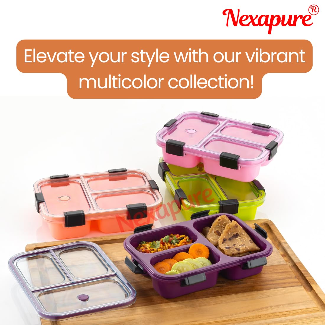 10512 3 Compartment Transparent Lid Tiffin Lunch Box | Silicone Seal Ring | For Kids And Adults Office Women And Men