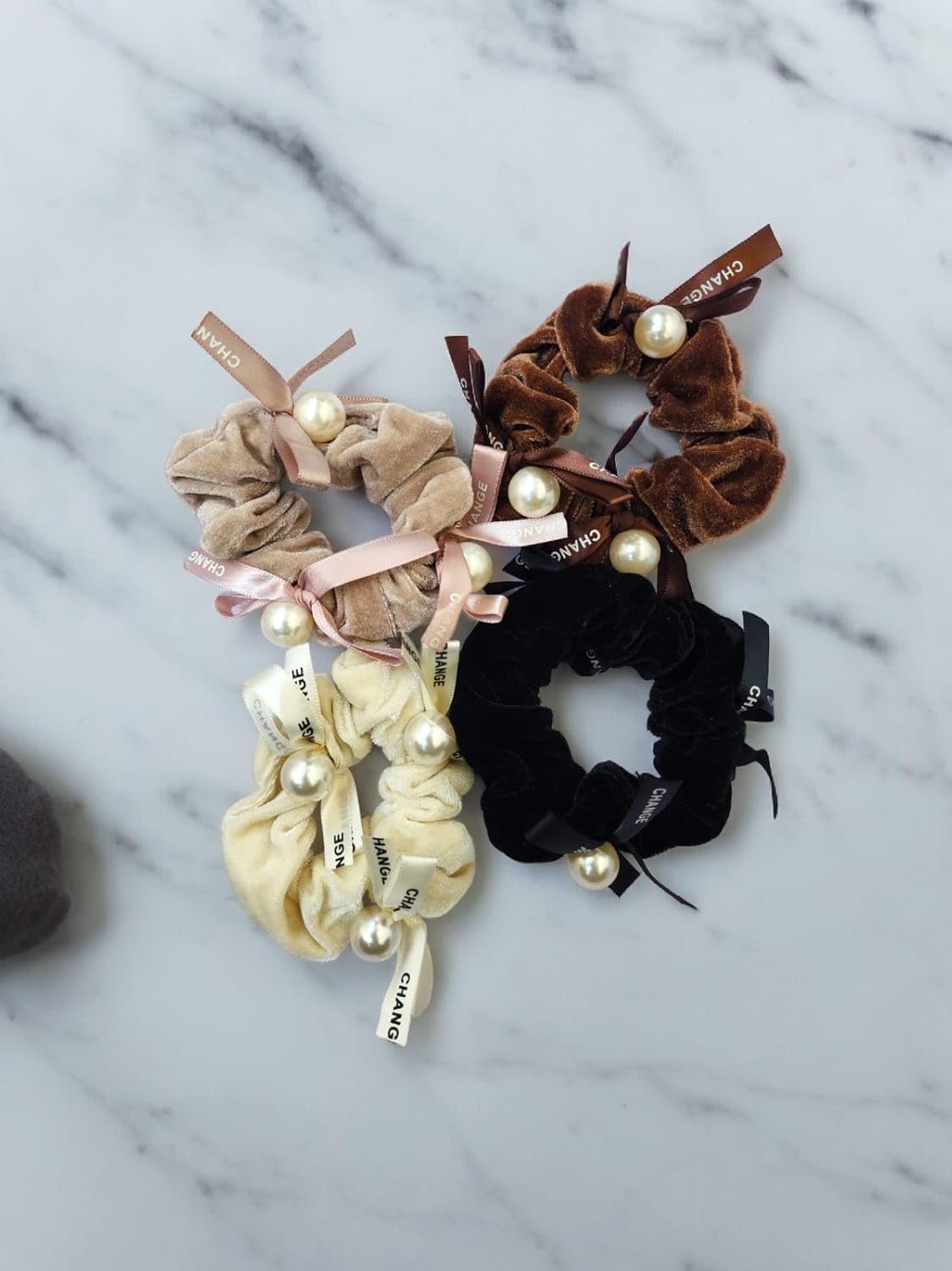 MAYA-606 Korean velvet cute scrunchies, Ponytail band, velvet Rubber hair ties, embelisshed with white pearl & Ribbon for women