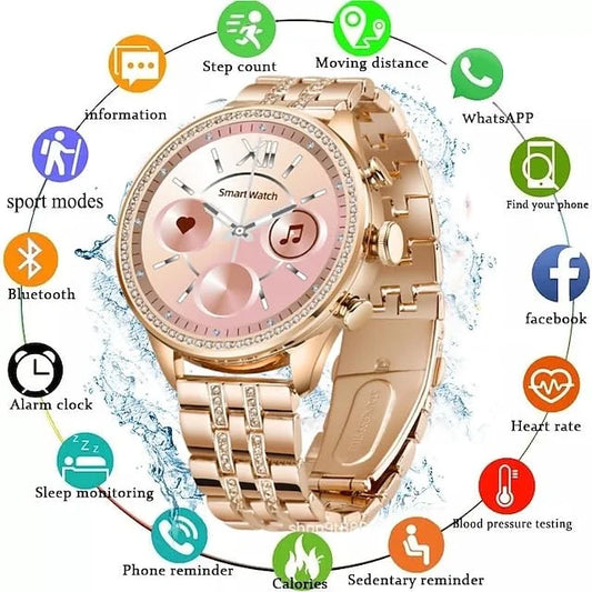 GEN 9 Golden Round Diamond Smartwatch for Women | Ultra Luxury Rose Gold Bracelet Smart Watch Bluetooth Call, Wireless Charge, Fashionable Fitness Tracker-Golden Version