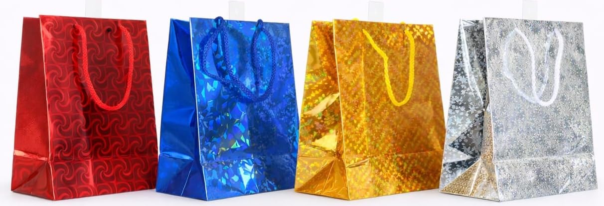 20741 {Pack of 12} Colours Holographic Gift Bags Small Size Christmas Birthday Wedding Favour Present Bags All Occasions