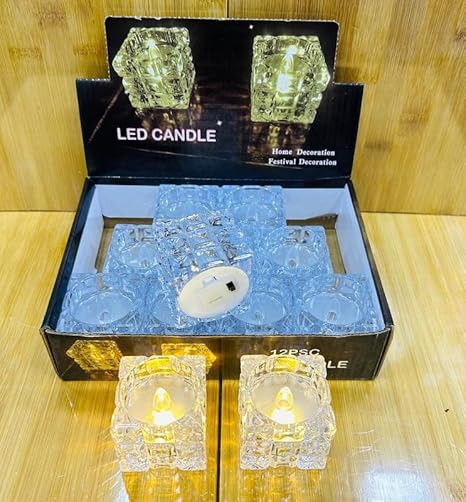 10836 Creative Square Block Shape Warm White Lighting LED Candle Flameless & Smokeless Battery-Operated Fancy Crystal Tealights Diya for Home Decor