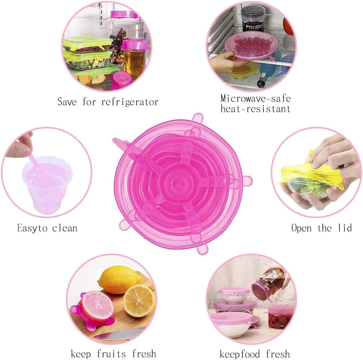 7043 Silicone Stretch Lids, Multi Size Reusable Silicone Lids Food and Bowl Covers set of 6 pcs