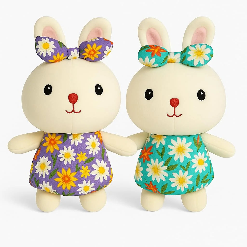11248 Plush Bunny Stuffed Animal Toy with Floral Dress & Bow – Soft Cuddly Rabbit Doll for Kids {Size 26*13 Cm}