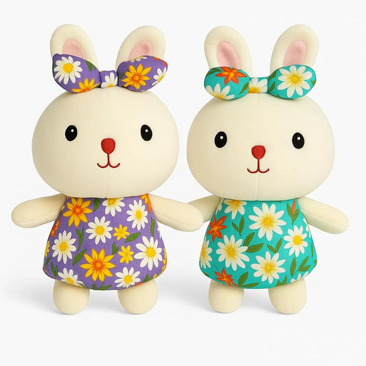 11248 Plush Bunny Stuffed Animal Toy with Floral Dress & Bow – Soft Cuddly Rabbit Doll for Kids {Size 26*13 Cm}
