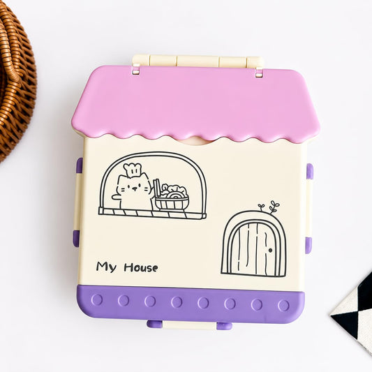20934 House Shape Kids Lunch Box with 4 Compartments and Carry Handle| Lunch Box for School |Bento Lunch Box with Spoon & Fork