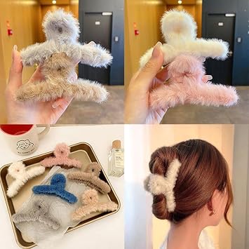20910 Fur Clutchers For Women & Girls | Fur Plush Claw Clip Set For Women- Furry Clutcher For Hair | Long Hair Clips {Multicolor}