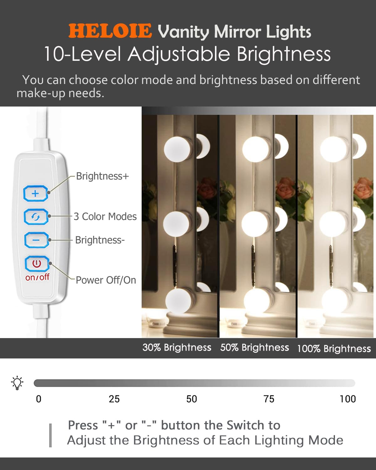 HD-7041 Mirror Lights,HELOIE Led Vanity Mirror Lights Kit with 10 Dimmable Light Bulbs for Makeup Vanity Table Bathroom Dressing Wall Mirror Lighting USB Cable Powered (White)