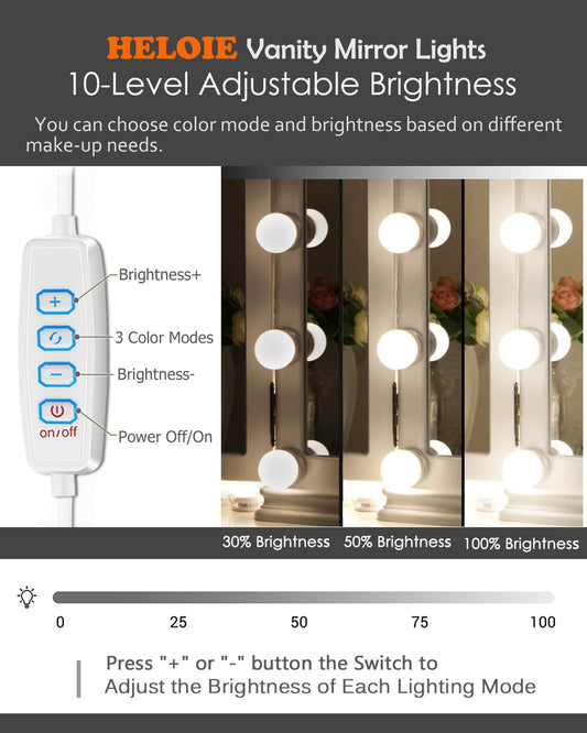 HD-7041 Mirror Lights,HELOIE Led Vanity Mirror Lights Kit with 10 Dimmable Light Bulbs for Makeup Vanity Table Bathroom Dressing Wall Mirror Lighting USB Cable Powered (White)