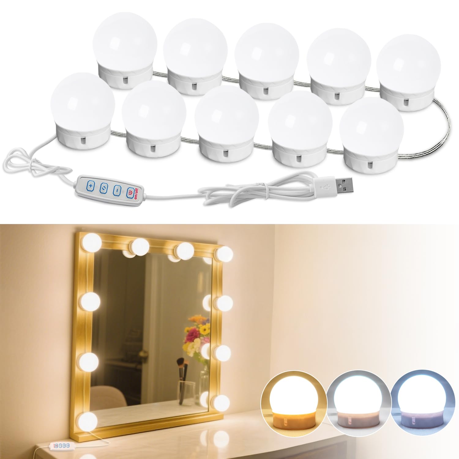 HD-7041 Mirror Lights,HELOIE Led Vanity Mirror Lights Kit with 10 Dimmable Light Bulbs for Makeup Vanity Table Bathroom Dressing Wall Mirror Lighting USB Cable Powered (White)