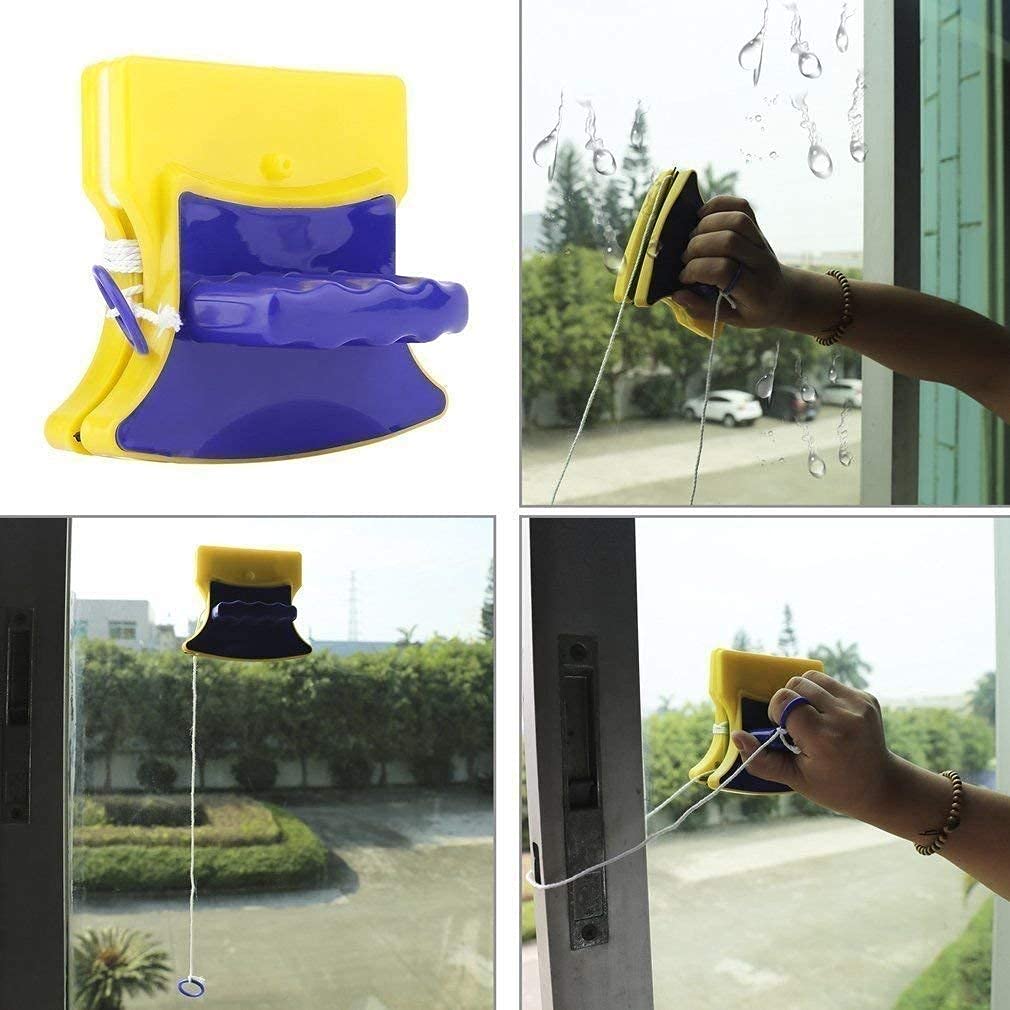20596 Magnetic Window Cleaner Double-Side Glazed Square Two Sided Glass Cleaner Wiper with 2 Extra Cleaning Cotton