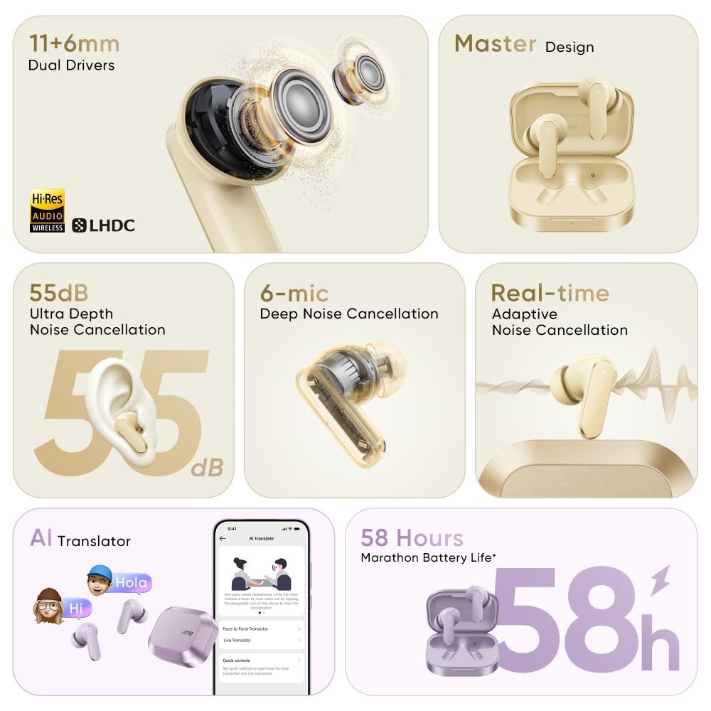 20626 Air Buds 8,11mm+6mm Dual Dynamic Bass Drivers,58Hrs Playtime, 55dB ANC,6 Mic ENC, 45ms Low Latency, 360° Spatial Audio {Random Color}