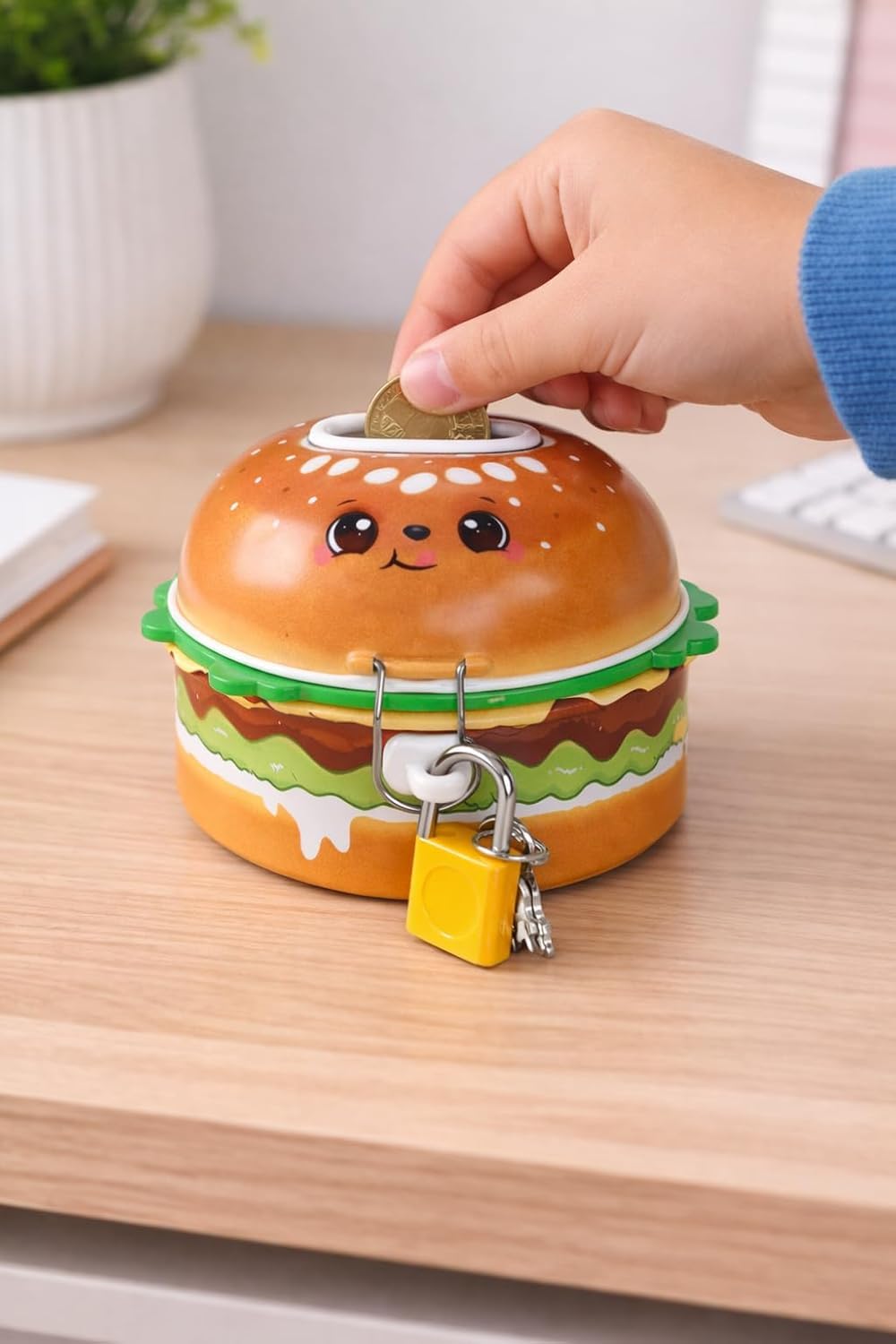 20364 Cute Burger Shape Coin Box with Lock & Key | Cartoon Burger Piggy Bank for Kids | Metal Money Saving Box for Boys & Girls