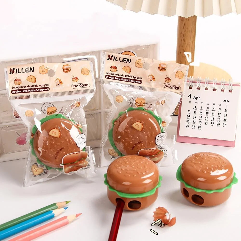 0098 Double Hole Fast Food Burger Pencil Sharpener for Kids, School Stationery