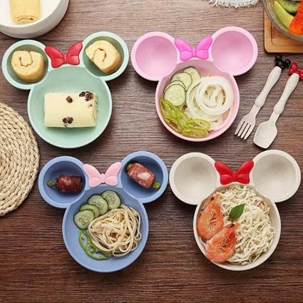 CK-SP07 Mickey Mouse Shaped Plates for Kids, Eco Friendly Bamboo Fiber Dinner Set for Weaning Kids, Dinner Dish Gift Sets with Spoon, Fork