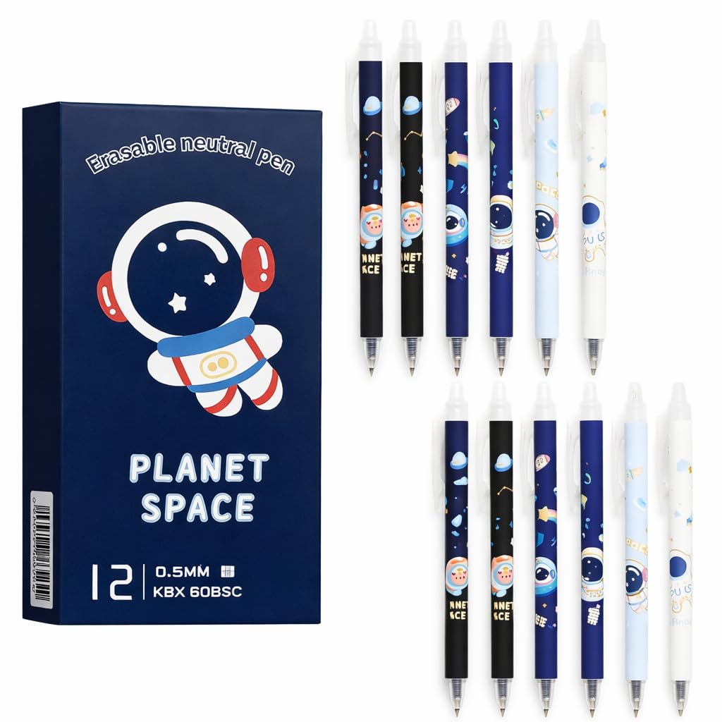 CK-PE-14 {12 Pcs} Planet Space Erasable Gel Pen Set 0.5mm Fine Point – Cute Astronaut Cartoon Erasable Pens with Eraser Tip