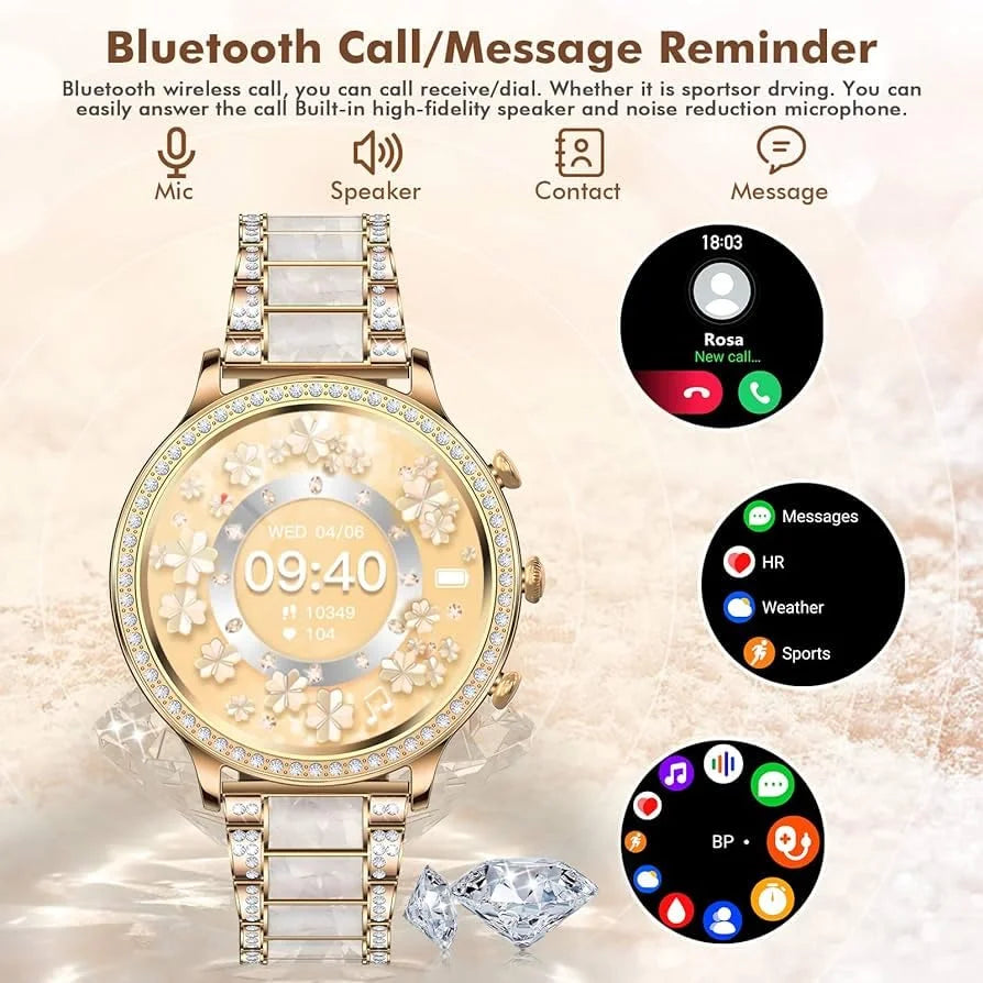 GEN 9 Golden Round Diamond Smartwatch for Women | Ultra Luxury Rose Gold Bracelet Smart Watch Bluetooth Call, Wireless Charge, Fashionable Fitness Tracker-Golden Version