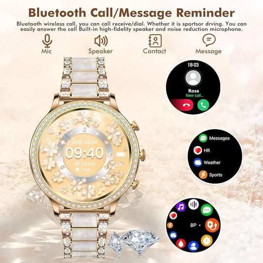 GEN 9 Golden Round Diamond Smartwatch for Women | Ultra Luxury Rose Gold Bracelet Smart Watch Bluetooth Call, Wireless Charge, Fashionable Fitness Tracker-Golden Version