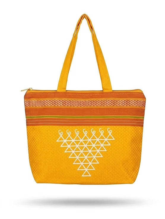 21253 Yellow Jute Tote Bag with Geometric Embroidery and Zip