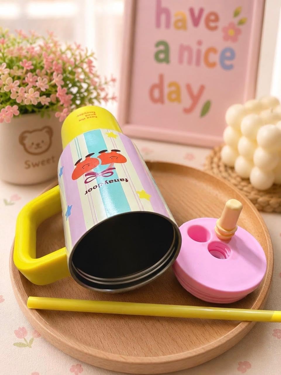 20953 Korean Cute Tumbler with Straw & Handle, (710 mL) Travel Mug for Women & Girls, Leakproof Double Wall 316 Stainless Steel Insulated Cup for Coffee, Water, Juice & Cold Drinks