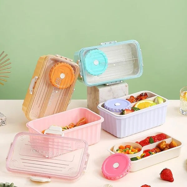 1765 Lunch Box 2000 ml BPA-Free Lunch Box for Children/Adults with Soup Bowl and Cutlery and 3 Compartments Microwave Safe Bento Boxes for Picnic School Work