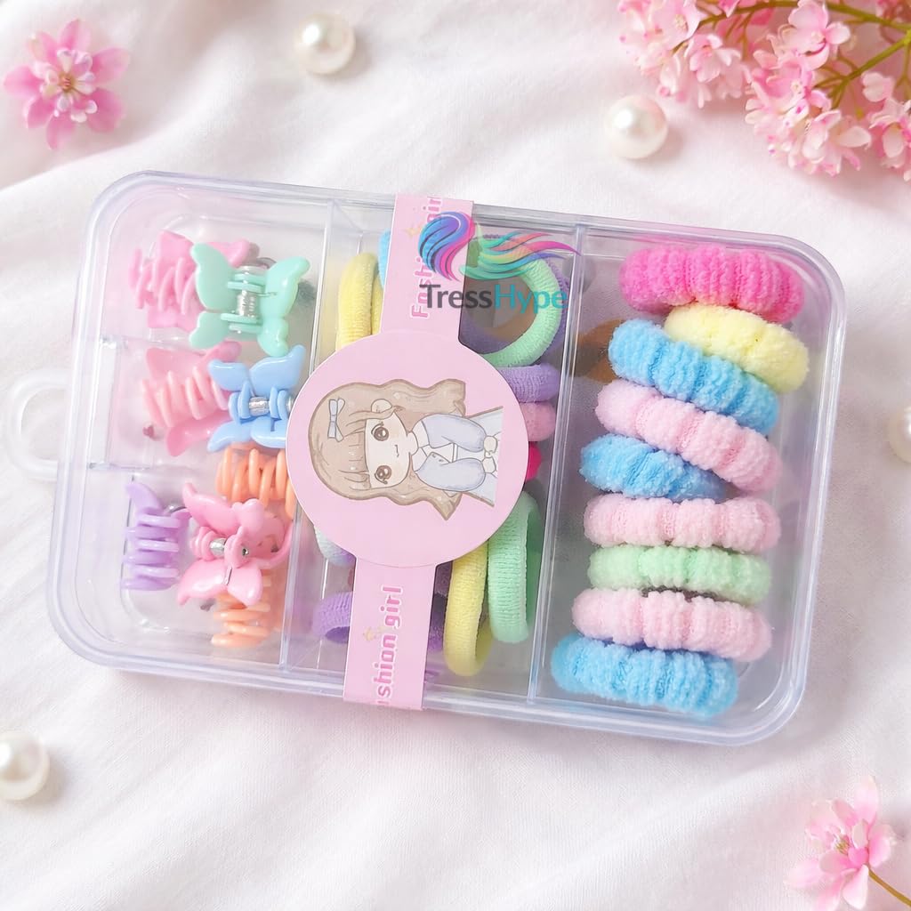 20911 Kids Hair Accessories Set with Storage Box, Mini Claw Clips & Soft Elastic Hair Bands, Multicolor Hair Ties Kit for Girls