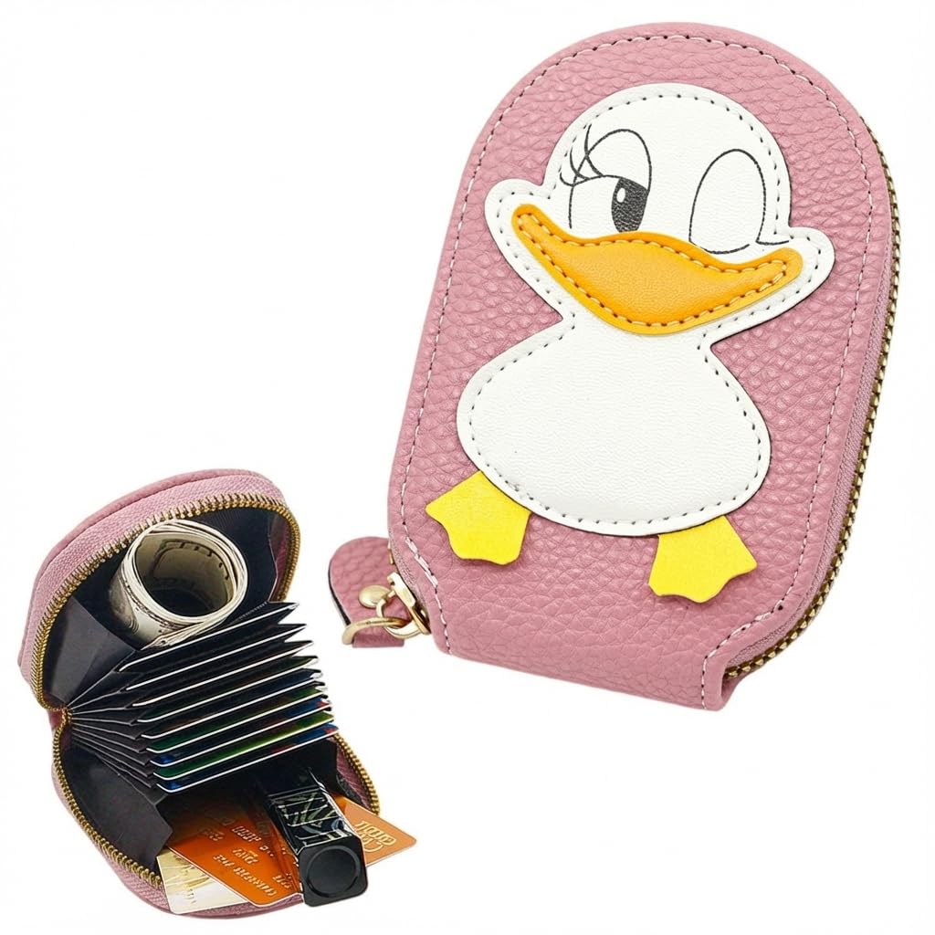 0621 Cute Duck Card Holder – 13 Compartment Mini PU Leather Wallet for Kids & Women, Compact Zipper Pouch for Cards & Cash, Small Travel-Friendly Purse {Random Color}