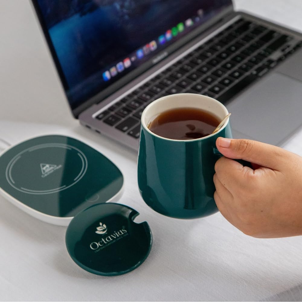 20176 Tea/Coffee Mug Warmer - 350 Ml | Heating Function Electric Warmer Plate with Auto Shut Off | for Home and Office Use | Includes: Mug, Lid and Heating Plate - Green