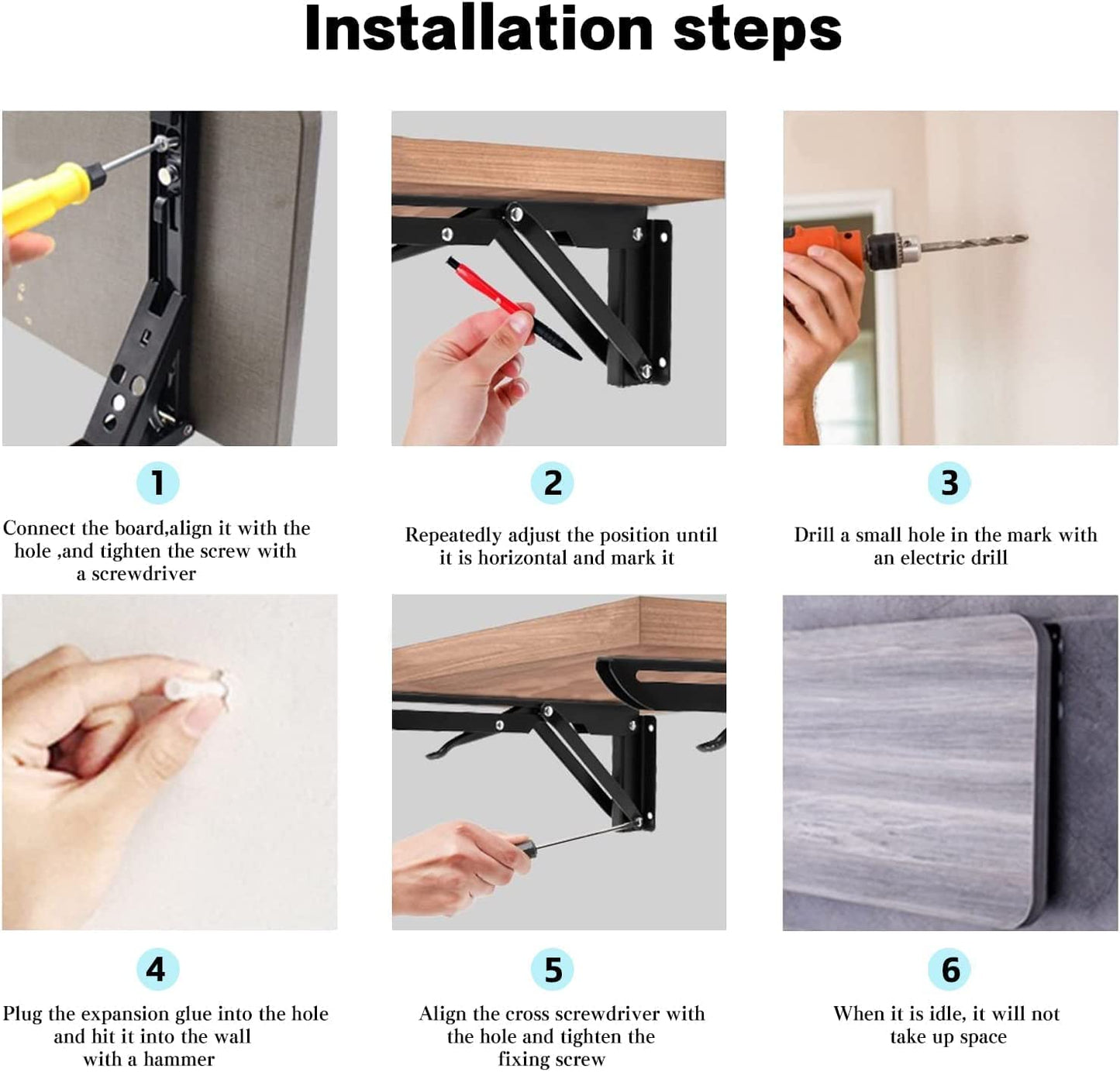 20444 Sturdy Folding Shelf Brackets - Heavy Duty Black Metal Triangle Table Bench Folding Shelf Bracket 20 CM, 2 Pcs Folding Shelf Hinge Wall Mounted