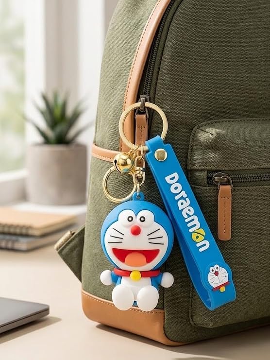 21326  3D Doraemon Silicone Keychain with Strap | Cute Anime Keyring & Bag Charm for Car, Bike, Backpacks | Gift for Kids, Boys, and Girls