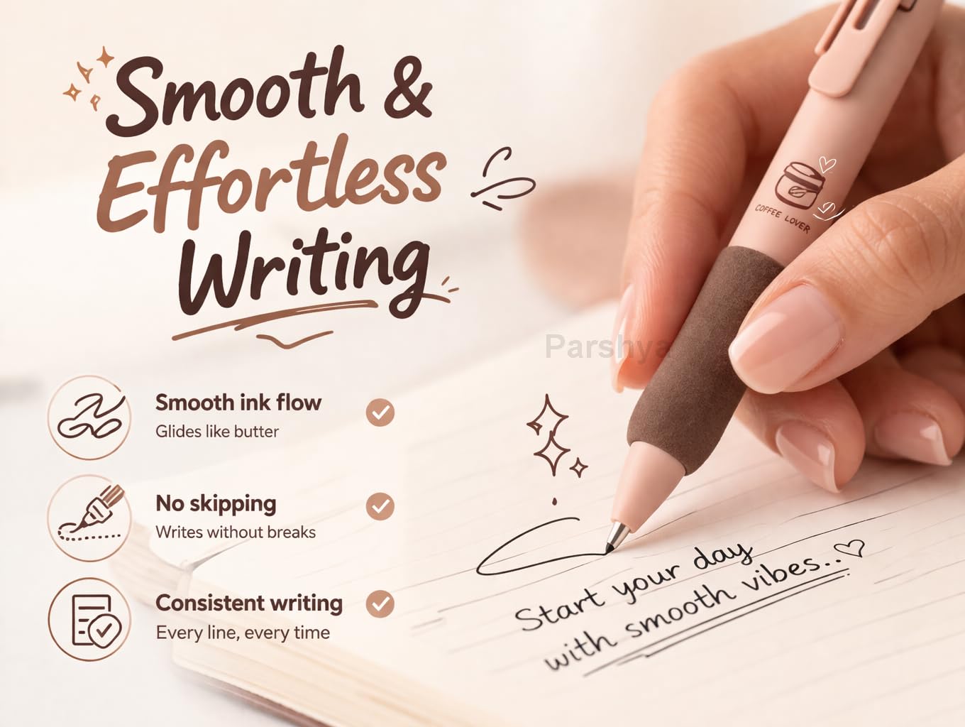 CK-PE-13 Coffee Theme Gel Pens Set of 5 | 0.5mm Fine Tip Blue Ink Pens | Soft Grip Smooth Writing Pens | Aesthetic Cute Stationery for Students, Office, Journaling & Gifts