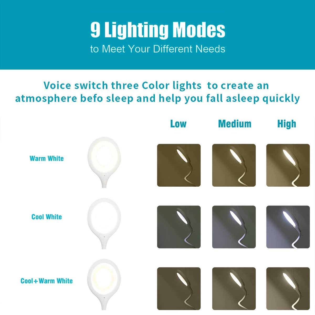 10339 Voice Control Light LED Desk Lamp with 24 LED Beads 2m Sound Control Distance 3 Brightness Levels Multi-Directional Curve LED Beads Smart Home USB Voice Reading Light