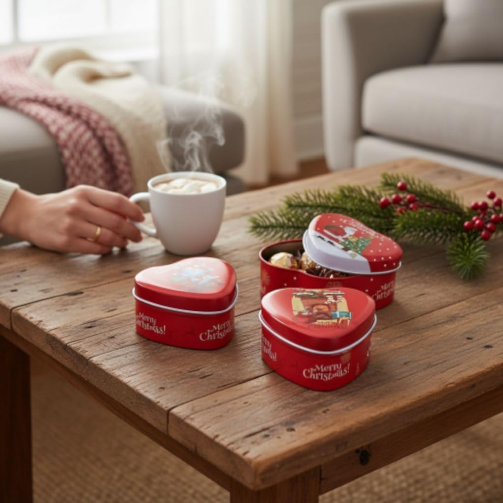 30306 Christmas Heart-Shaped Tin Box, Red Metal Storage Containers with Holiday Designs, Decorative Gift Boxes