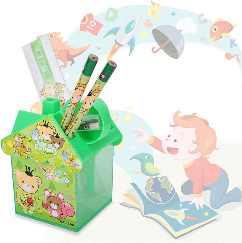 20745 Pen Holder, Cartoon Small House Shape Pencil Stand with Scissors Pencil Ruler Sharpener Desk Pen Organiser Kids Stationery {Random Color}