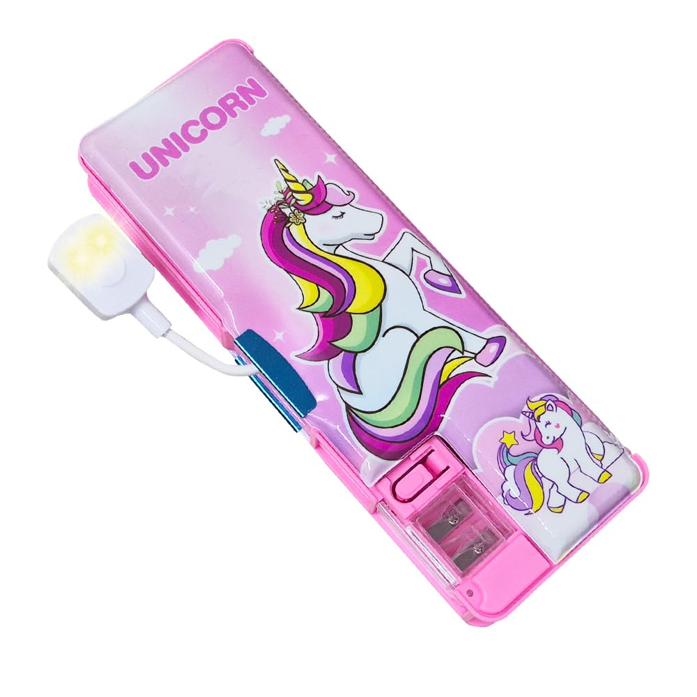20437 Plastic Pencil Box with LED Light| Compartments and Dual Sharpener, Magnetic Lock, Pencil Box for Girls (Random Design)