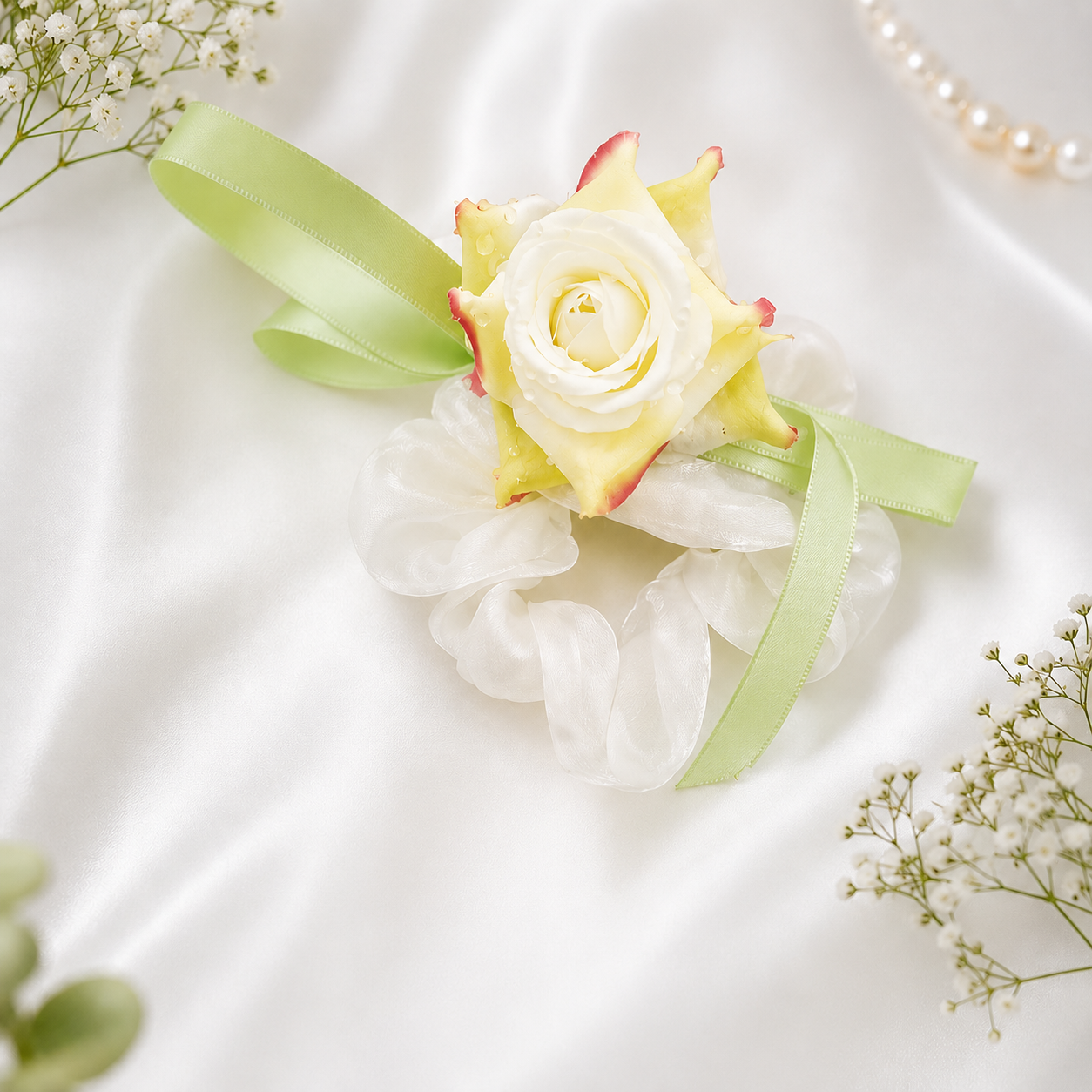 4125 Rose pink colour Hair Tulip flower Scrunchie/Rubber band with Decorative Green Ribbons, Rose pink colour {Multicolor}