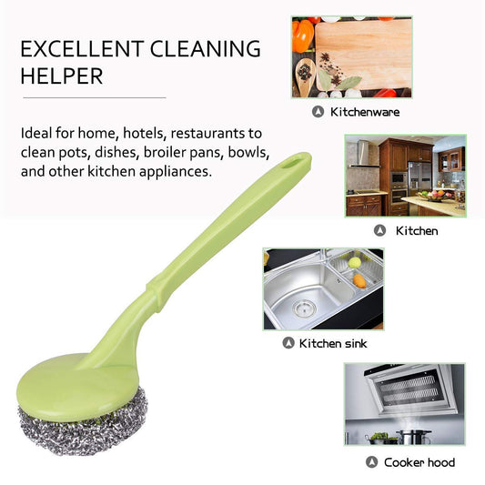 20973 Stainless Steel Scrubbers with Handle - 1 Handles + 3 Scrubber - Cleaning Ball Utensil Metal Scrubber Scouring Pads Ball for Pot, Pan, Dish Wash, Cleaning Rust, Dirty Cleaner {Muticolor}