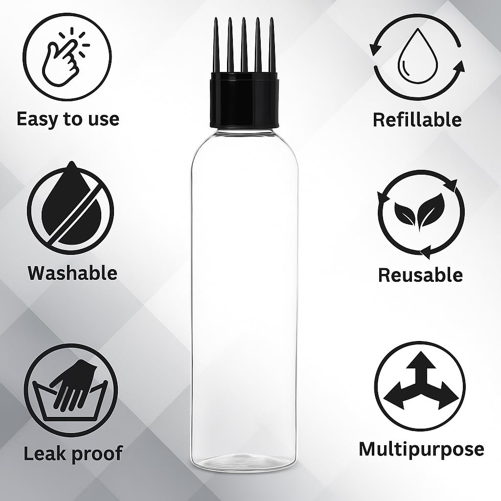 20465 Hair Oil Applicator Bottle with Comb Nozzle 100ml Transparent Refillable Leak-Proof Hair Root Comb Bottle