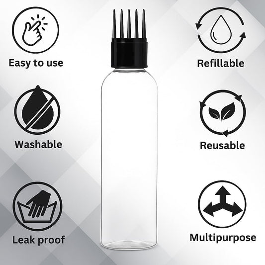 20465 Hair Oil Applicator Bottle with Comb Nozzle 100ml Transparent Refillable Leak-Proof Hair Root Comb Bottle