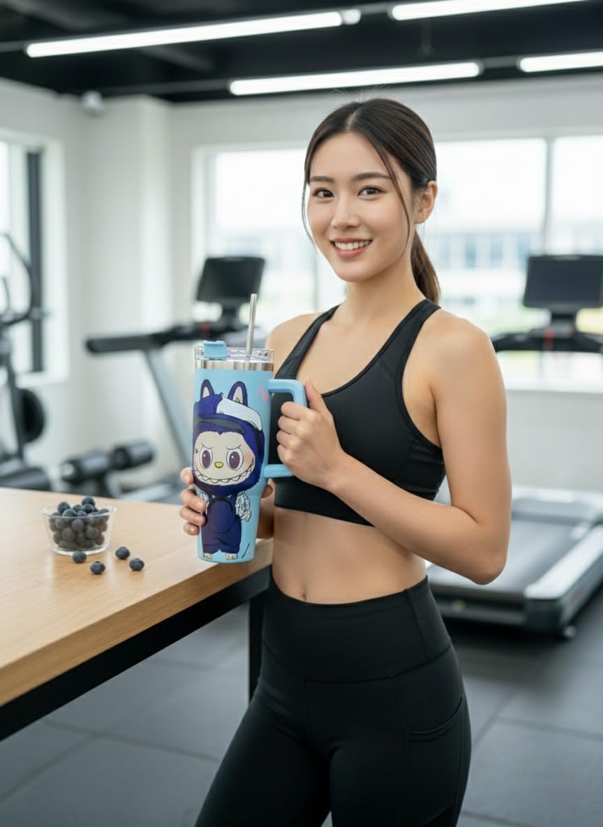 20470 Stainless Steel Labubu Tumbler with Handle lid and Straw, Vacuum Insulated Hot & Cold Leak-Proof Travel Mug, Water Cup for Gym, Office & Outdoor Use {1200ML}