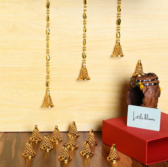 21072 Little Blooms 100-pcs Golden Plastic Hanging Bells for Home Decoration - Small Bells for Decoration Hanging - DIY Craft Decoration Bell Set 1.75 Inch