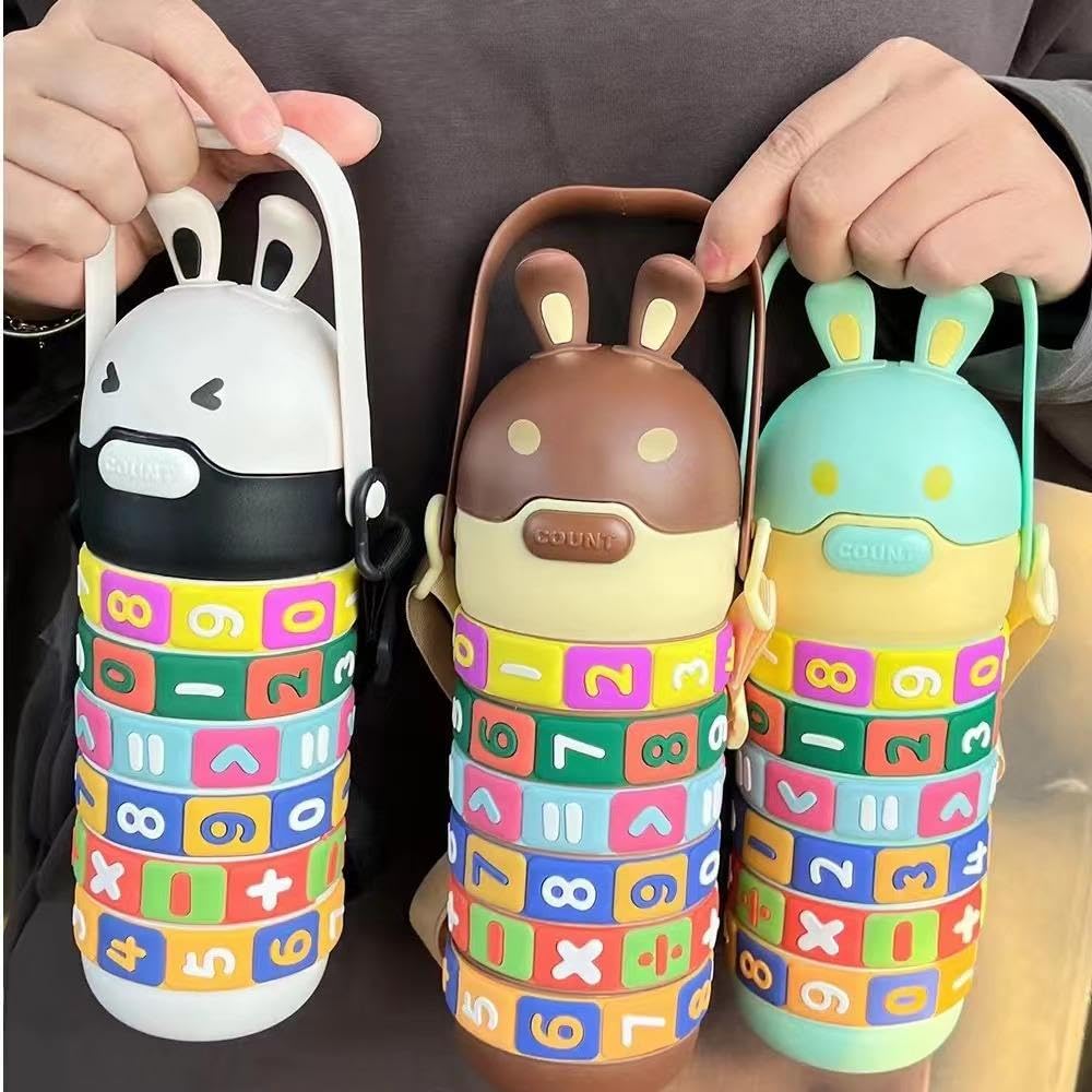 10080 Kids Math Learning Water Bottle | 520ml Rotatable Rainbow Number Puzzle Sipper | BPA-Free Leakproof School Bottle with Straw, Adjustable Strap & Handle