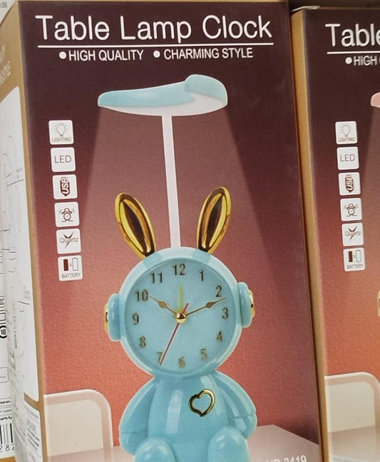 HD-3419 Cute Bunny Desk Clock with LED Moon Lamp, Pink and Gold Accents