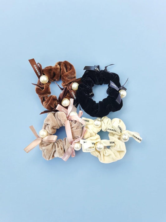 MAYA-606 Korean velvet cute scrunchies, Ponytail band, velvet Rubber hair ties, embelisshed with white pearl & Ribbon for women